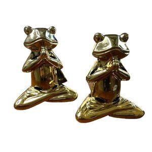 Gold Ceramic Frog Yoga Zen Figurine Statues Set 2 Praying Hands u